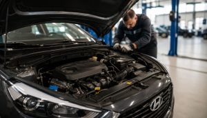 voiture hyundai avec capot ouvert pour montrer le moteur 1.6