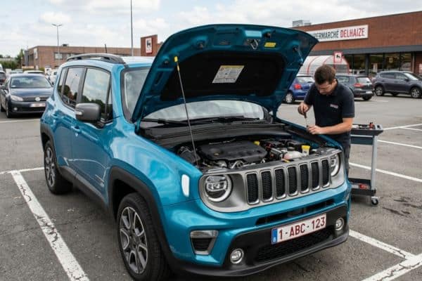 Jeep Renegade 1.0 GSE T3 120 ch garé sur un parking capot ouvert