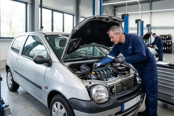 mécanicien qui inspecte le moteur d'une twingo 1
