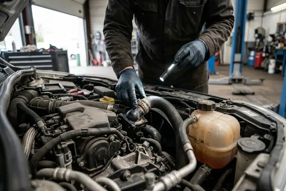 Un mécanicien vérifie une durite et le boîtier de thermostat du Captur