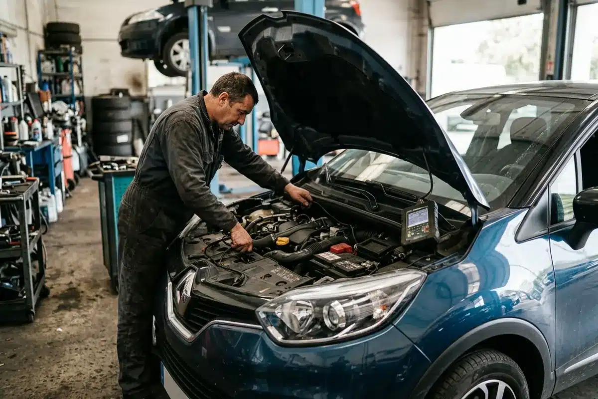 Un mécanicien contrôle le moteur et le diagnostic d’un Captur 1.5 dCi 110